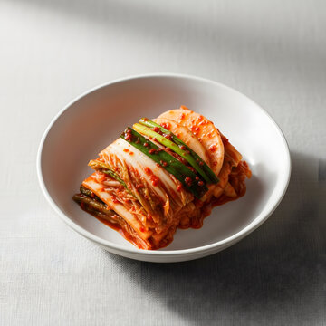 Fresh Homemade Napa Cabbage Kimchi Served in a Clean Minimalist White Bowl