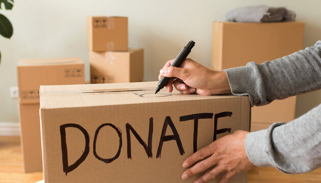 Person Writing Donate on Cardboard Box for Charitable Giving