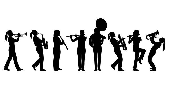 Black silhouette set of marching band musicians playing brass and woodwind instruments, musical performance, school parade, entertainment