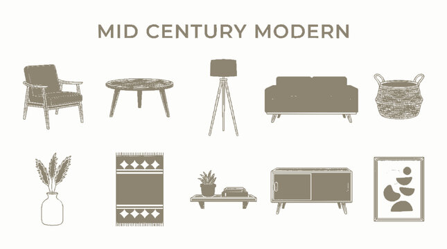 Set of mid century modern furniture icons and home decor elements.