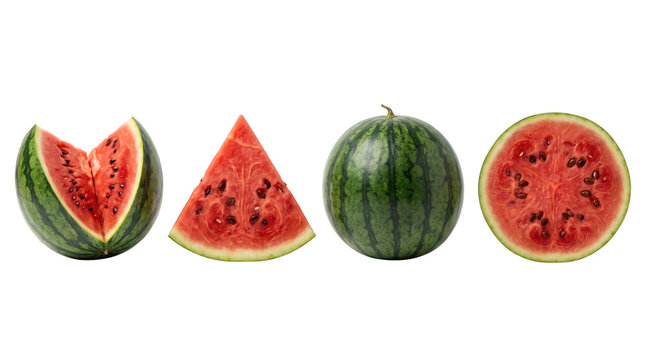 Collection of fresh whole and sliced watermelon pieces isolated on white background.