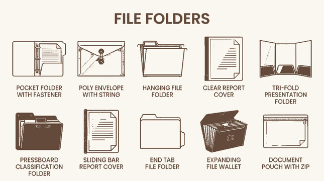 Set of various types of office file folders and document organizers for business administration.