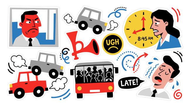 People dealing with stressful commute, angry faces, traffic jam with cars and bus, running late to work, modern daily urban lifestyle problems
