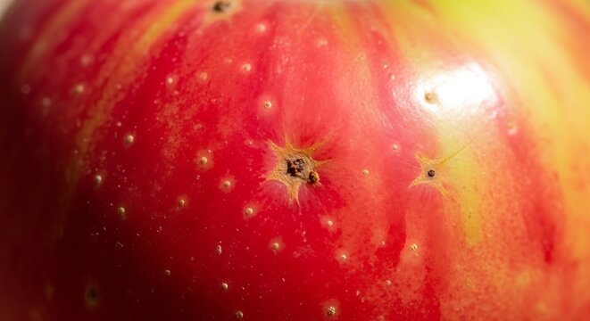 Macro close up of red apple skin texture showing pores and surface details