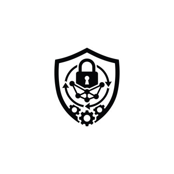 Shield and padlock icon with network and gears