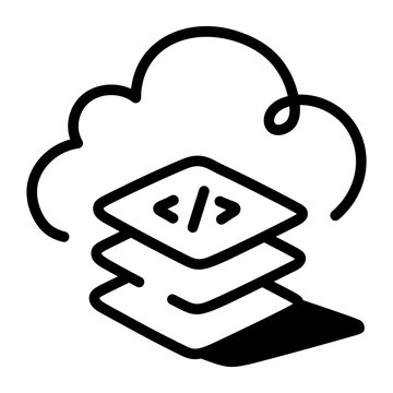 A hand drawn doodle icon depicting runtime stack, with bold black outlines, simple cloud symbols, clear interface details, and a clean white background.