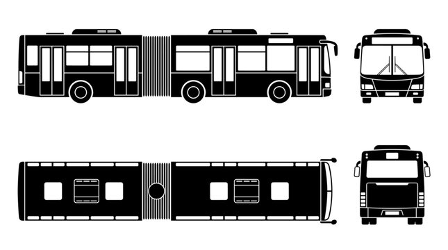Isolated black silhouette of articulated city bus featuring side, top, and front views for urban transport planning, public transit vector mapping
