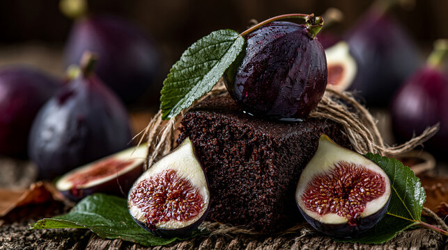 Fresh purple figs and sliced fig halves with green leaves on rustic wooden background