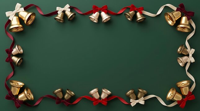 A festive rectangular frame made of golden jingle bells and red ribbons on a dark green background