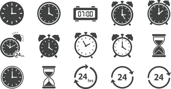 Set of clock and time icons featuring alarm clocks and hourglass symbols