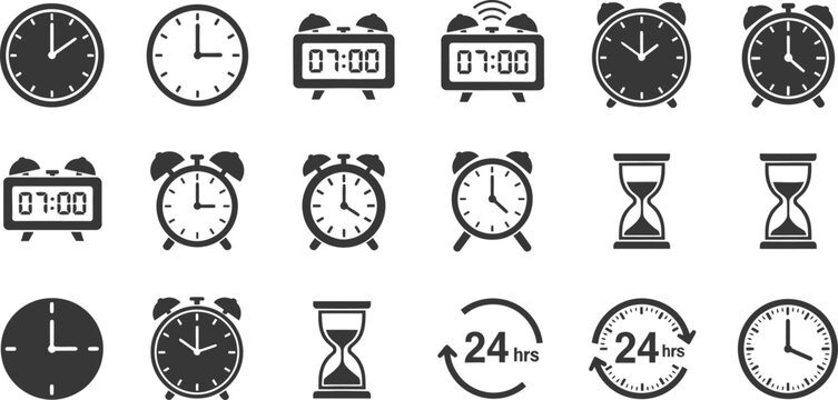 Collection of black clock and hourglass time icons for scheduling
