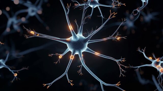 Glowing neural network animation exploring the complex connections of brain cells in a futuristic digital world