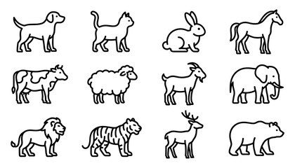 Fototapeta premium Animal Silhouettes Set with Dog, Cat, Rabbit, Horse, Cow, Sheep, Goat, Elephant