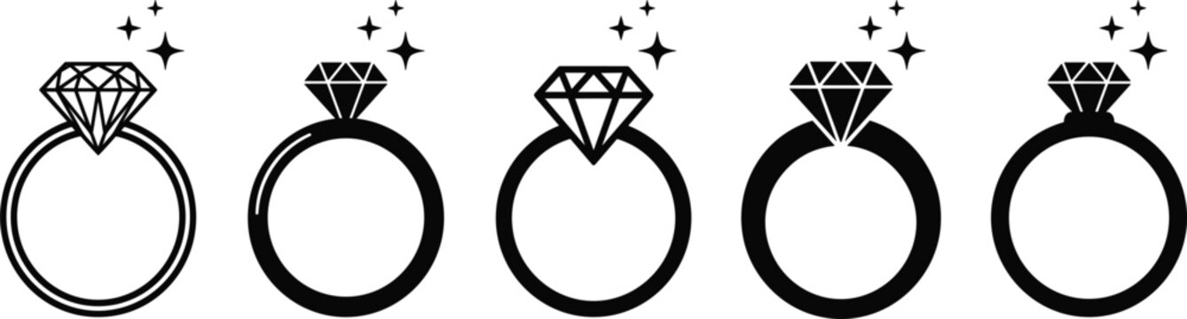 Diamond engagement ring vector icons set representing luxury jewelry wedding proposal romance commitment marriage and anniversary celebrations