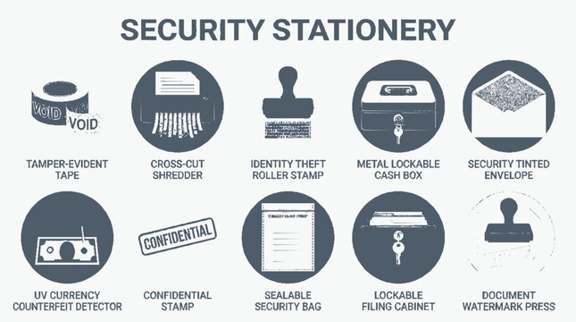 Set of security stationery icons for document protection and data privacy.