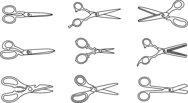 Different types of metal scissors collection set containing kitchen shears thinning shears and craft zigzag cutters