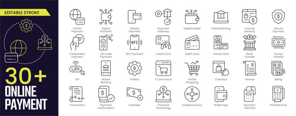 Naklejka na ściany i meble Online Payment Stroke icon collections. Containing online, digital, mobile, payment gateway, digital wallet, online banking and internet banking icons. Editable Stroke icon collection Outline icon