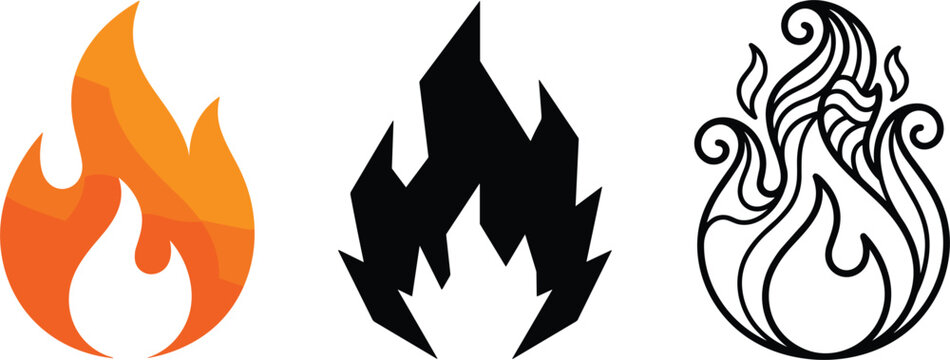 Fire flame icon set with geometric orange sharp black silhouette and ornate swirl line art vector design elements