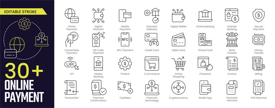 Online Payment Stroke icon collections. Containing online, digital, mobile, payment gateway, digital wallet, online banking and internet banking icons. Editable Stroke icon collection Outline icon