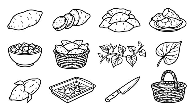 Sweet Potatoes Set with Sliced Vegetables, Leaves, and Basket