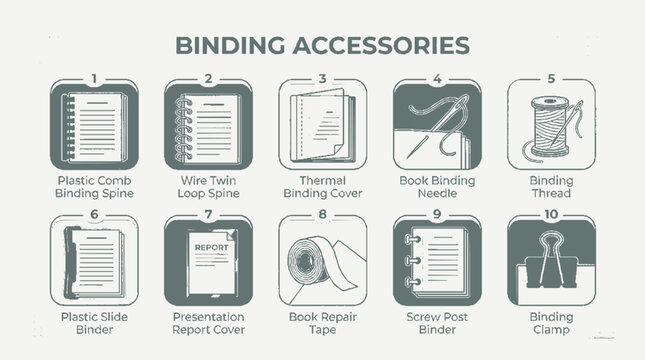 A collection of ten different book binding accessories and stationery tools shown as icons.