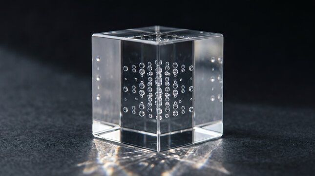 Transparent glass cube with 3D grid of inner air bubbles on dark background
