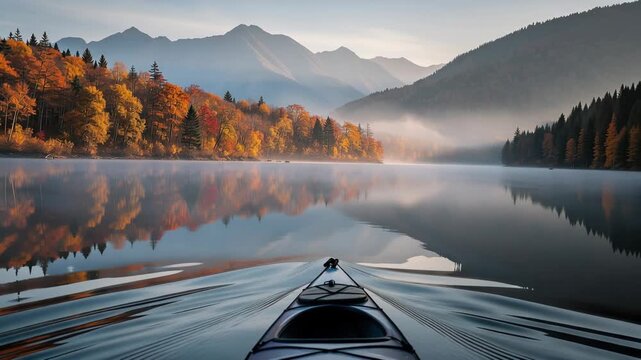 Serene lake at dawn with vibrant autumn leaves and rising mist for peaceful nature scenery