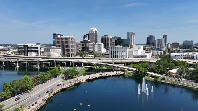 Aerial view overllooking Lake Lucerne and the 408 east west expressway at downtown Orlando in Orange County, Orlando, Florida, USA.