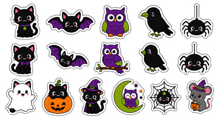 Naklejka premium Cute halloween stickers with cat bat owl and spider icons