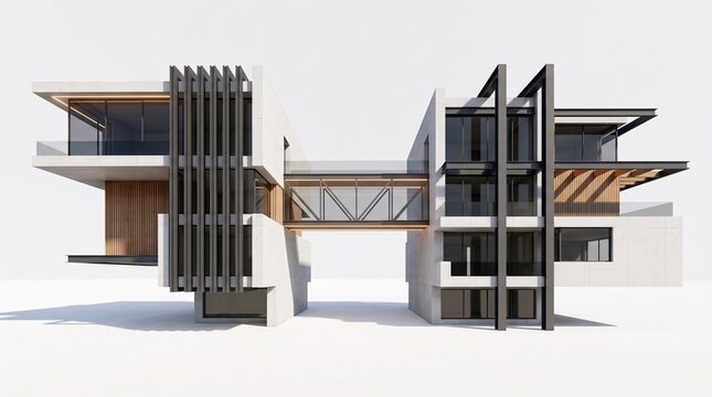 Contemporary Brutalist Architecture Rendering of a Luxury Concrete and Steel Building with Connecting Glass Bridge and Cantilever.