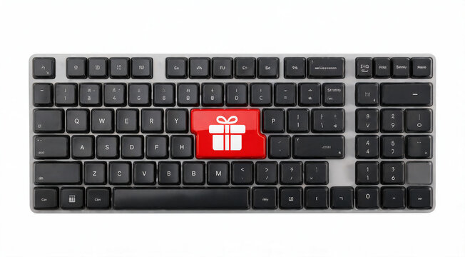 Computer keyboard with red gift button isolated on white background