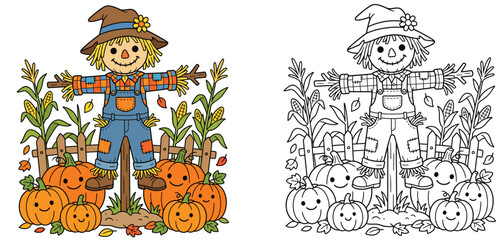 Fototapeta premium Halloween Scarecrow and Pumpkin Patch Vector, Cute Autumn Farm Harvest Illustration with Colored and Line Art Coloring Page Versions