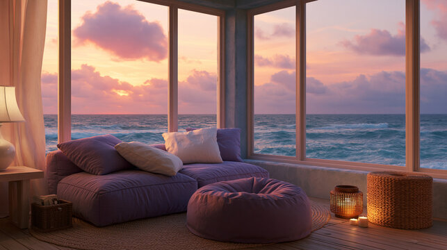 Coastal room interior with comfortable purple sofa and large windows overlooking a serene ocean sunset with colorful clouds.