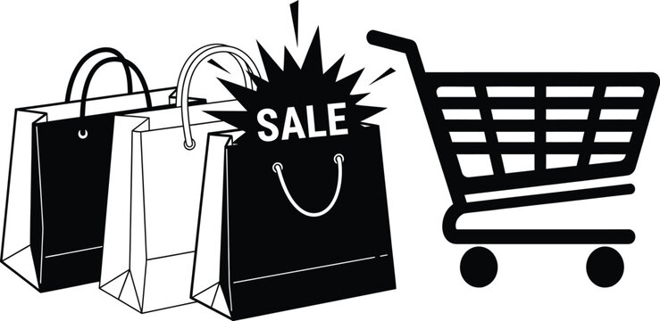 Shopping sale concept with shopping bags and cart black and white icon