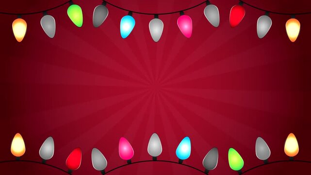 Animated string of colorful Christmas lights blinking and glowing on a red background with radial rays.