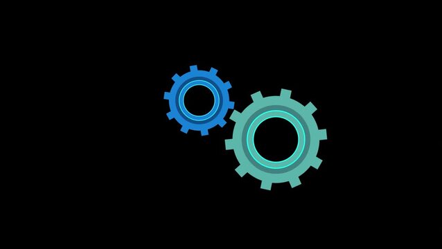 Rotating mechanical gear animation loop with two interlocking blue cogwheels on black background.