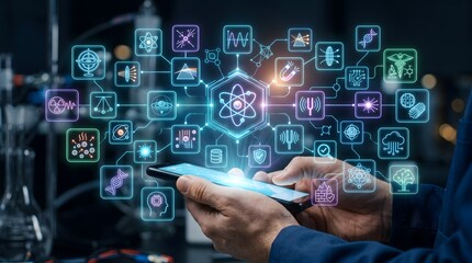 Obraz premium Hands using smartphone with glowing science and technology icons