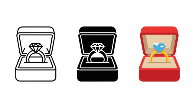 Set of three ring box icons in different styles for design use with varied styles colors