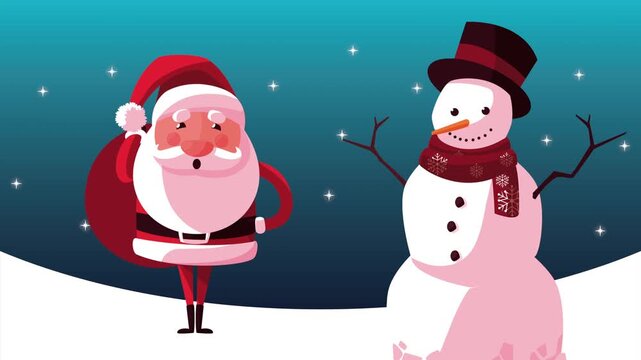 Funny santa claus and snowman characters animation for christmas holiday season in a snowy winter landscape.