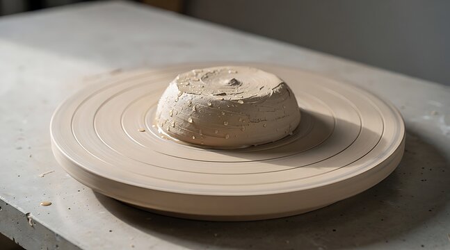 Unfinished piece of wet clay centered on a pottery wheel in a studio workshop.