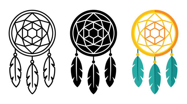 Dreamcatcher icons in black white and gradient colors with feathers with different colors