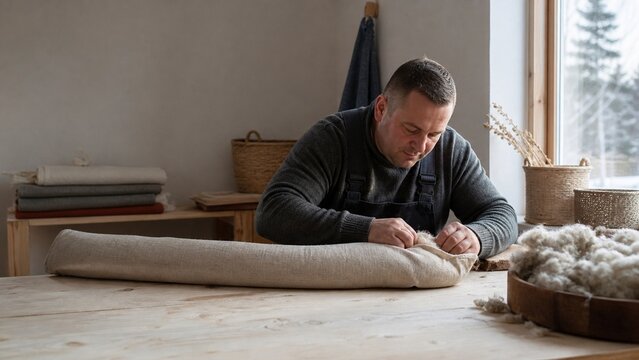 A focused man intently examining a small object on a wooden surface, suggesting craftsmanship or detail work, natural light illuminates the scene, perfect for artisan or workshop themes