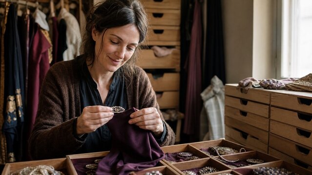 adult caucasian woman, professional costume designer, arranging vintage jewelry and purple fabric, historical wardrobe studio, focused expression, creative process