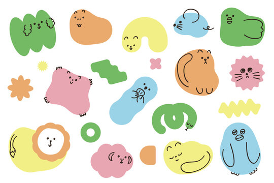 抽象的な形のカラフルでかわいい動物のイラストセット