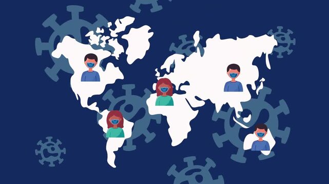 Animated world map showing spread of people wearing face masks with coronavirus symbols.