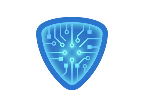 A vibrant blue digital shield icon with an illuminated circuit board pattern, symbolizing technology, security, and data protection.