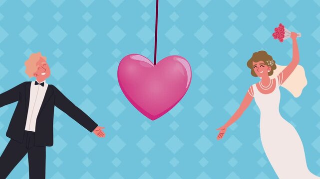 Happy bride and groom characters with a hanging heart, dynamic motion footage for wedding celebrations.