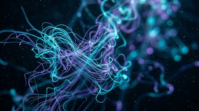 Abstract background with swirling luminous particles and light streaks, representing energy flow and cosmic connections