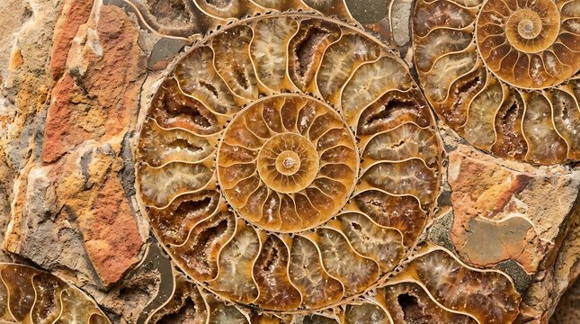 Fossilized ammonite cross-section showing intricate natural spiral pattern and earthy tones