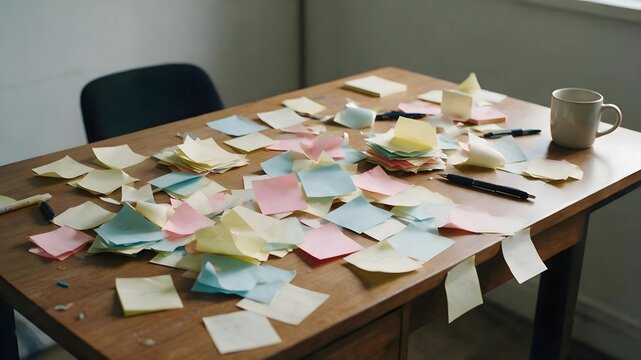 Messy Wooden Desk Overwhelmed with Numerous Colorful Sticky Notes and Pens for Brainstorming Session